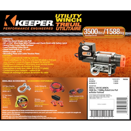 Keeper Utility Winch, 12V DC 3500lbs W/Integrated Sealed Solenoids, Wire Rope KU35032